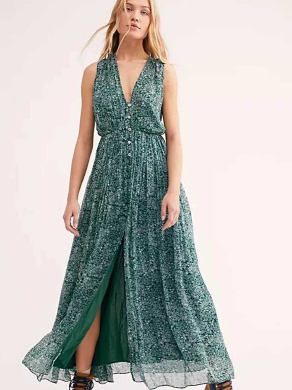 Free People My Fair Lady Flowy Floral Pleated Maxi Dress Size 6